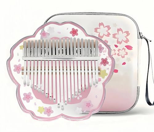 Kalimba Daumenklavier 21 Töne mit Schutzcase Komplett-Set, Sakura-Form Transparentes Kristall-Kalimba 17 Töne, Professionelles Musikinstrument für Anfänger (Rosa, L)