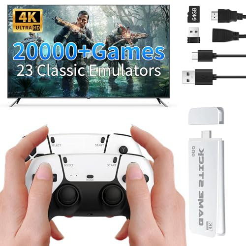 Kiyicjk Wireless Retro Game Console Stick, Video Game Console Built-in 20,000+ Classic Games with 23 Emulators, 4k HDMI Output Plug & Play TV Game Consoles with Dual 2.4GHz Wireless Controllers, 64GB