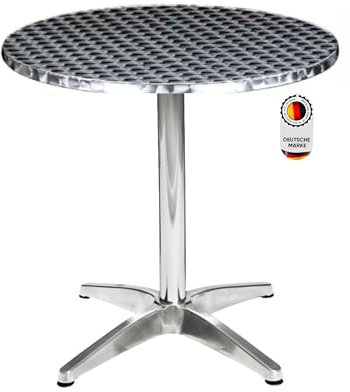 Hochwertiger Bistrotisch aus Aluminium, Runder Aluminiumtisch Wetterfest für Garten, Balkon und Terrassen – Ø 70cm x H72cm / Pflegeleichter Gartentisch mit Standfüßen – Silber glänzend Tischplatte
