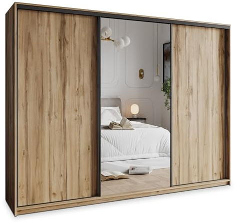 Masseno Schwebetürenschrank TAVI 250/205/60 cm Kleiderschrank mit 4 Schubladen Schlafzimmer Schiebetürenschrank 3-türig mit Spiegel Eiche Wotan