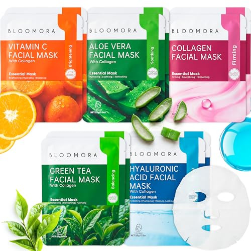 10 Pack Mixed Face Mask Set with Collagen – Hydrating Sheet Mask Skincare Set for Radiant, Fresh & Nourished Skin, Moisturising Facial Masks for Women & Men