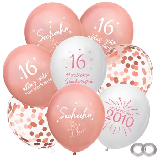 Originell Personalisiert Deko 16 Geburtstag Mädchen Luftballon Set, Whimzey 25 Stück Sweet 16 Dekoration Luftballons, Ballon Geburtstagsdeko 16 Jahre Roségold Weiß,Geschenke zum 16. Geburtstag Mädchen