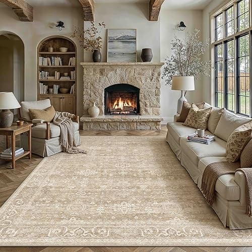 PureCozy Vintage Teppich Wohnzimmer 300x400cm Beige Schlafzimmer | Wohnzimmerteppich Waschbarer Carpet,Weich Rutschfest Teppiche,Esszimmer Büro Kurzflor Groß Tepich Carpets Rug