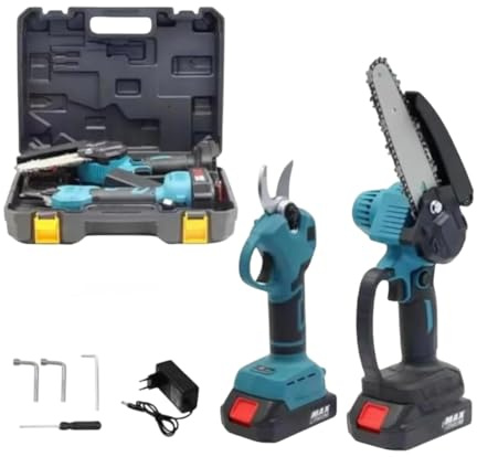 Kit Potatura Elettrico a Batteria 2 in 1 – Mini Motosega + Forbici da Potatura – 2 Batterie Ricaricabili, Valigetta Rigida, Taglio Rapido per Giardino e Alberi