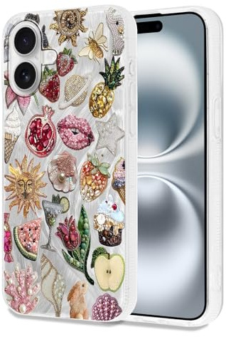 Foonary Ozean Schutzhülle für iPhone 16, Aesthetic Blume Sommer Glänzend Motiv Perle Design Schutzhülle Glitter Schutzhülle für Mädchen Frauen Silikon Case Stoßfest Schutz Cover für iPhone 16 6,1 Zoll
