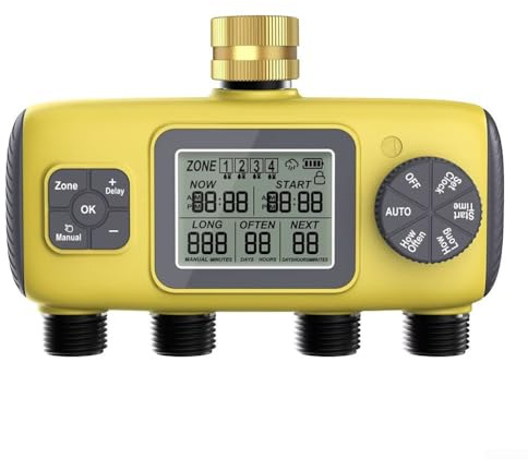 Lapiglo Minuteur d'arrosage automatique à 4 voies pour contrôleur d'arrosage fileté BSP 1,9 cm avec 4 sorties pour l'entretien des plantes de pelouse, ABS
