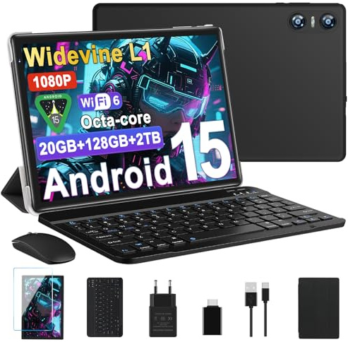 2026 Tablet 10 pollici Android 15, Gemini AI, octa-core ,20GB RAM + 128GB ROM(2 TB TF), Widevine L1, 1280 * 800 pixel,GMS, GPS, 5G Wi-Fi 6, BT 5.0, 6000 mAh, 5+8 MP, Face ID, Tablet 2-in-1 - Nero