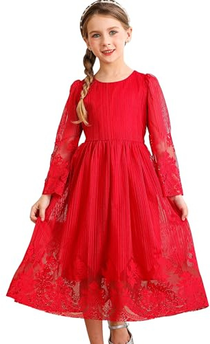 BONNY BILLY Weihnachtskleid Mädchen Festliches Kleid Mädchen Lang Langarm Hochzeit Spitze Tüll