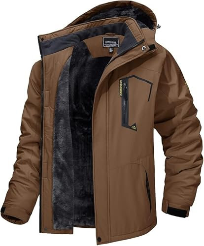 MAGCOMSEN Übergangsjacke Herren Gefüttert Winterjacke Parka Windbreaker Fleece Ski Jacken Wasserdicht Softshelljacke Warme Regenjacke mit Abnehmbarer Kapuze Kaffeebraun S