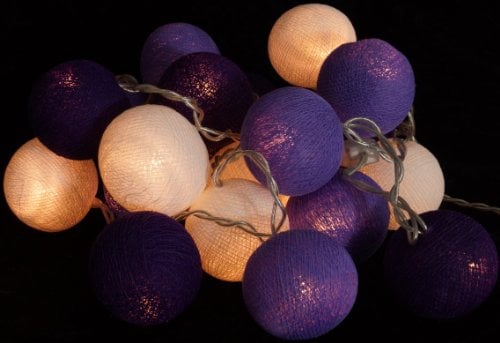 GURU SHOP Stoff Ball Batterielichterkette 3xAA 20`er LED Kugel Lichterkette - Lila, 6x6x315 cm