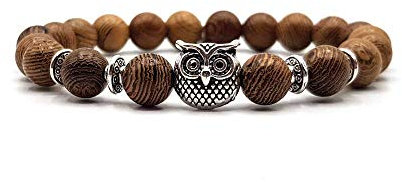 KARDINAL WEIST Eulen Holz Perlen Armband, Yoga Natur Schmuck für Damen und Herren, Kraftier - Harmonie - Ruhe - Energie - Anti Stress (M)