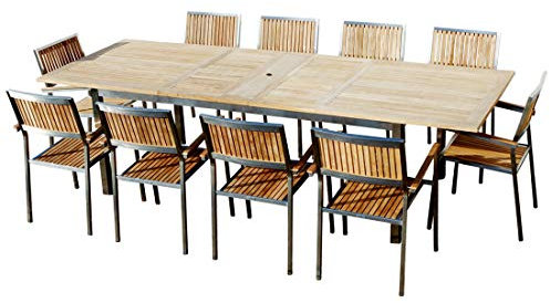ALEOS. Gartengarnitur Edelstahl Teak Set: Ausziehtisch 200-240-280x100 cm + 10 Sessel A-Grade Holz Serie Kuba Gastroqualität