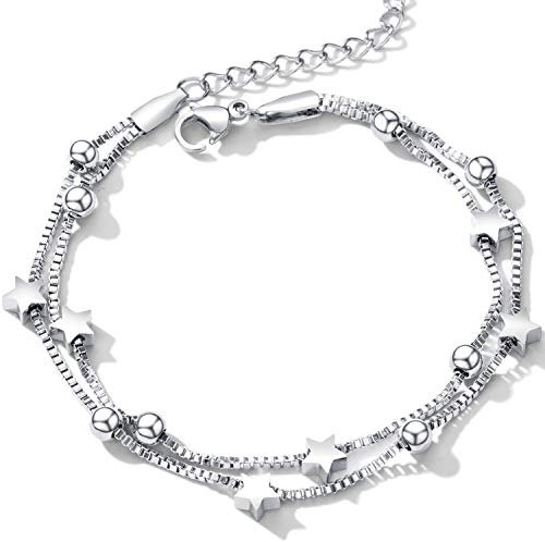 Cupimatch Armband Frauen Fein Pentagramm Edelstahl Doppelte Kette Verstellbar Damen Arm Schmuck, Silber/Rosegold