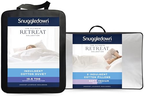 Snuggledown Ultimate Luxury Hotel Double Duvet - 10.5 Tog Premium All Year Round Quilt Ideal for Summer & Winter, 2 Soft Pillows - Jacquard Cotton Cover, Machine Washable, Size (200cm x 200cm)