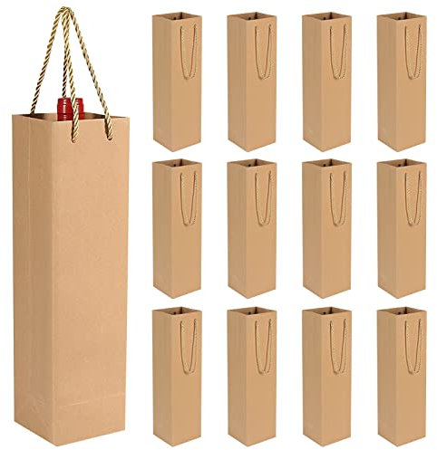 HRX Package Bottle Gift Bag, 12PCS Sturdy Kraft Paper Wine Gift Bag with Handle Wine Tote Bag for Christmas, Wedding, Party Favours(Brown)