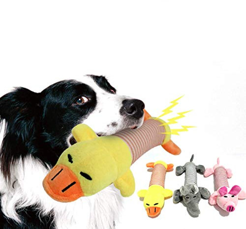 SZMYLED Quietschspielzeug für Hunde, weiches Plüschspielzeug für Hunde, interaktives Spielzeug, bestes Kauspielzeug, 1 x rosa Schwein, 1 x gelbe Ente, 1 x grauer Elefant, 3 Stück