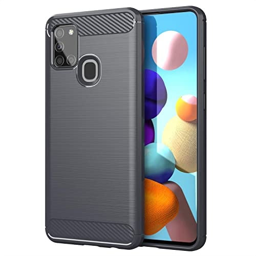 Cadorabo Hülle kompatibel mit Samsung Galaxy A21s Schutzhülle TPU Silikon Case Karbon Optik Slim Kratzfest Weiche Gummi mit Rundumschutz Case Hülle für Galaxy A21s in Grau