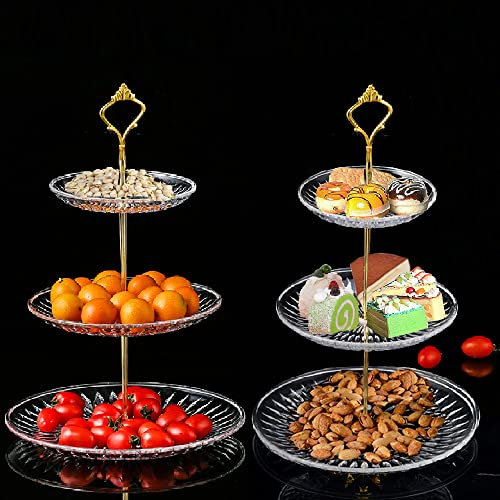 SHBaizoy 2 Piezas Bandejas de Torre para Postres, Soporte de Pastel de 3 Niveles, Soporte para Cupcakes de Postre con varilla de metal, para bodas, fiestas, cumpleaños, festivales y la vida diaria.