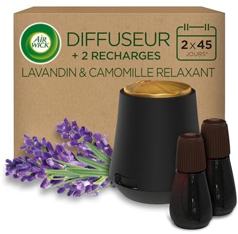 Air Wick Diffuseur d’huiles Essentielles Essential Mist + 2 Recharges Parfum Lavande et Camomille Blanc