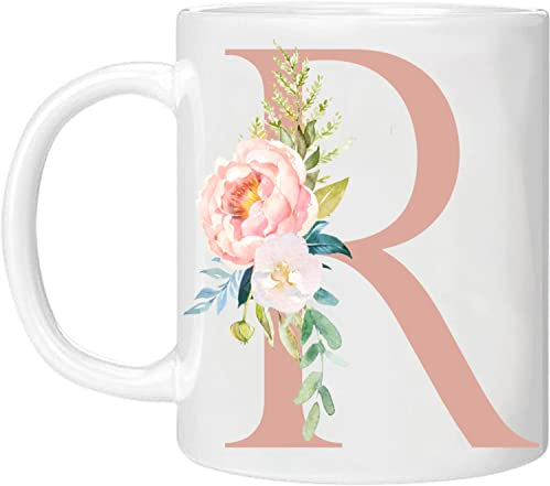 MOBILE STUFF Personalised Floral Mug Letter R, Any Letter Alphabet 11oz Ceramic Coffee/Tea Cup Gift for Christmas, Birthday, Secret Santa, Father’s Day Printed Glitter, NOT Real Glitter (Rose, R)