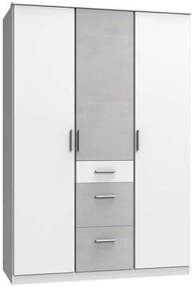 Froschkönig24 Joker 3-türiger Kleiderschrank Drehtürenschrank Weiß/Betonoptik Lichtgrau