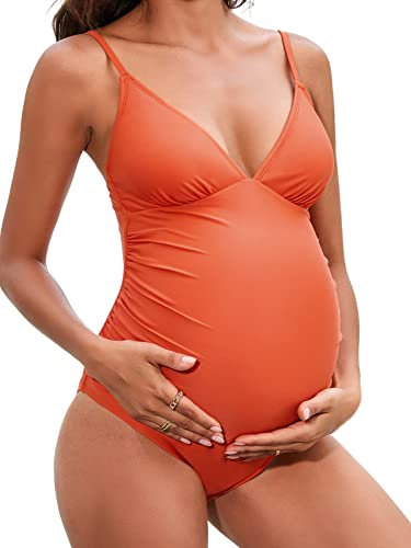 CUPSHE Maillot de bain de maternité pour femme - Maillot de bain une pièce - Maillots de bain de grossesse - Bretelles spaghetti froncées et réglables, Orange, Taille L