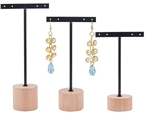 FINGERINSPIRE 3 teiliger schwarzer Metall T Bar Ohrring Ausstellungsständer mit rundem Holzsockel 4 Löchern Ohrringen T Ständer hängender Ohrring Organizer für den Einzelhandel (12/14/16cm Höhe)