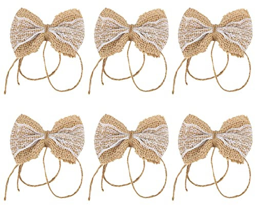 Burlap Bows for Christmas Tree, 6Pcs Burlap Ribbon Bows with White Lace and Twine Wreath Bow Christmas Bow Ornaments for Party Decoration
