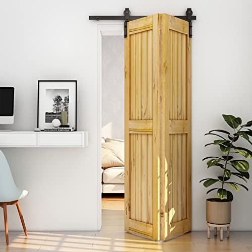 122cm/4FT Bifold Schiebetürbeschlag Schiebetüren Schiebetürsystem Komplettset Laufschiene Rollen Set Schwarz für 2 Holztür 58cm Breit