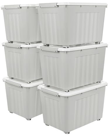 Cetomo,55L,6er-Pack, Aufbewahrungsbox mit deckel,Aufbewahrungsboxen, mit Clips, stapelbar, Wohnzimmer, Schlafzimmer.lebensmittelecht ,Verschlussclips,Neumaterial Plastik-Box grau