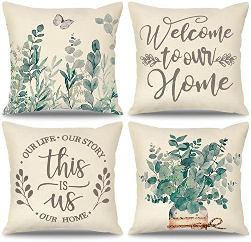 Weldomcor Kissenbezug 45x45 cm Kissenhülle Eukalyptus Blätter Blumen Kissen 4er Set Frühling kissenbezüge Moderne Zierkissenbezug Bauernhaus Kissenbezüge für Couch Sofa Schlafzimmer Bett Auto (Home)