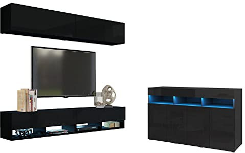 BROMARKT Premium Wohnwand Wohnzimmer Set 5 Teile – Wohnzimmer Schrank - Wohnzimmer Möbel mit Kommode und TV Schrank – Wohnwand Modern - Wohnzimmerschrank Komplett Möbel - Hochglanz Schwarz
