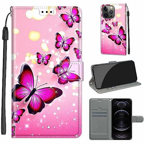 for iPhone 13 Pro Case, PU Leather Wallet Book Flip Folio Stand View Cover Pouch Compatible with iPhone 13 Pro Phone Case (Pink Butterfly)