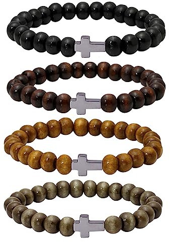 Eigso 4 Pcs 8MM Holzperlen Armbänder für Frauen Männer Hämatit Kreuz Meditation Armband Gruppe für Frau Mann