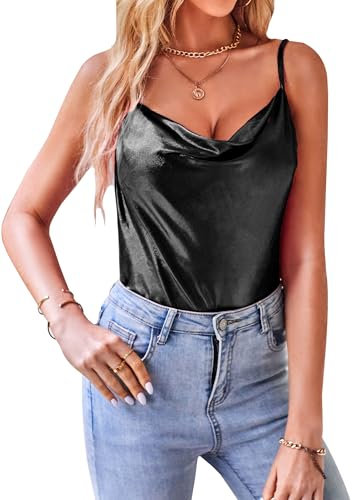 VIDUSSA Damen Funkelnde Tops Glitzer Oberteile Ärmellose Blusen Sommer Tank Shirt Spaghetti Camisole Tops Schwarz L