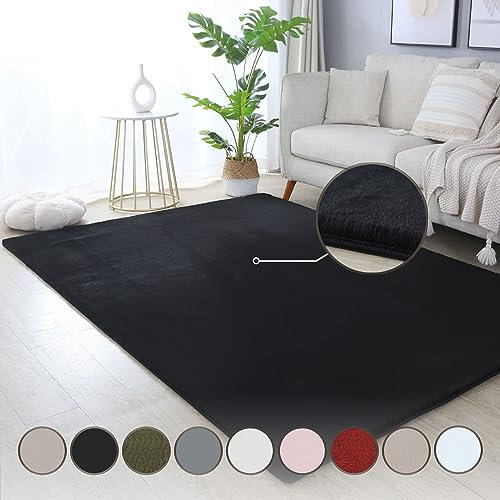 HomebyHome Teppich Wohnzimmer 240x340 cm Schwarz Waschbarer Hochflor Flauschiger Teppiche Einfarbig Moderne Design - Küchenteppich Waschbar Shaggy Extra Weich Teppich für Schlafzimmer Kinderzimmer