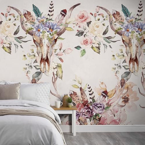 Fototapete Vlies Blumen Blätter Federn Geweih Rosa Creme Beige ML2101