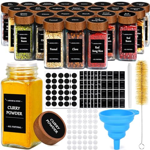 MOYKSRR Pot à Épices en Verre et Bois - 24 Pièces 120ml Bocaux à Épices avec Couvercle en Bois D'acacia, Ensemble de Bocaux Épices pour Un Rangement Cuisineavec Étiquettes,Tamis,Entonnoir,Brosse
