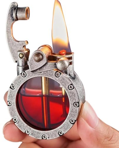FUUBAMB00 Vintage Grabenfeuerzeug, Retro Transparentes Kerosin Feuerzeug, Winddicht, Nachfüllbar, Antiker Steampunk Zünder, Einzigartiges Geschenk für Männer (Kein Treibstoff),Silver