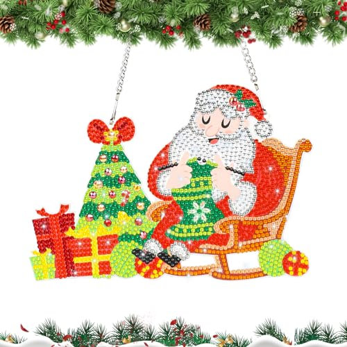 MWOOT DIY Christmas Tree Diamond Art Painting Pendant, Santa Claus 5D Rhinestone Painting Hanging Ornaments with Chain, Xmas Full Drill Art Pendant Kit for Beginners Door Wall Window Mantel Decoration