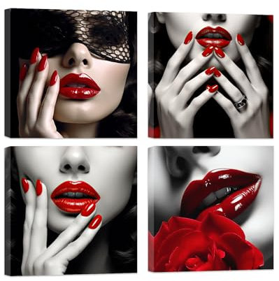 ZXHYWYM Schwarz Weiß Rot Wandbild 4 teilig Rosen Mode Frauen Gemälde mit roten Lippen und Nägeln sexy Leinwanddruck für Salon Mädchen Schlafzimmer Dekoration mit Rahmen (B (50x50cmx4))
