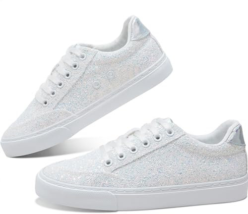 Jeekopeg Glitzernde modische Sneaker-Schuhe, glänzende Freizeitschuhe, glitzernde Pailletten, Konzert, niedrig geschnitten, Schnürschuhe, weiß / glitzer, 10 Women/8 Men