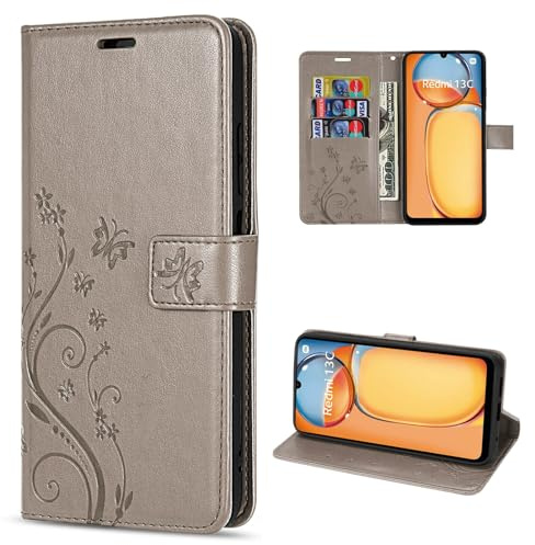 betterfon Hülle Kompatibel mit Xiaomi Redmi 13C / C65 | Premium PU Leder Handyhülle Wallet Case für Redmi 13C / C65 | Schutzhülle Blumen Klapphülle Handyhülle | Grau