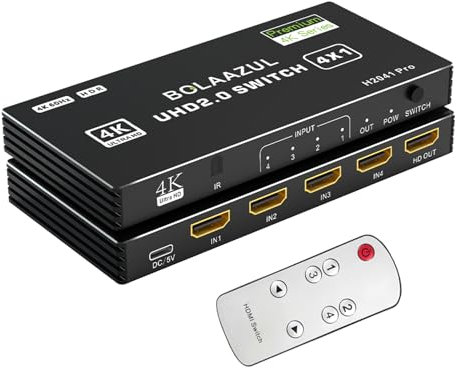 BolAAzuL HDMI-Switch, 4-in-1-Ausgang, 4K @ 60Hz, Port-Erweiterer, Hub, Video-Umschalter Mit Fernbedienung für 4 Eingänge, Unterstützt 3D, HDCP2.2, HDR für PS5/PS4Pro/PS4, Xbox Serie