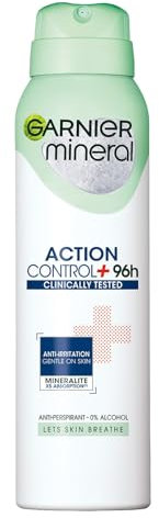 Garnier Action Control Clinical Tested 96+h deo Spray Anti-Irritation Gentle on skin Mineralite x5 Absorption Anti-Perspirant - 0% Alcohol 150 ml x 6