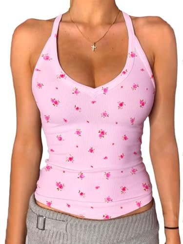 Danysu Tank Top Damen Mit Integrierter BH Sexy V-Ausschnitt Spaghetti Top Ärmellos Sommer Gerippt Tanktops Sport Oberteile Basic Shirt Camisole Einfarbig Rosa mit Blumen.