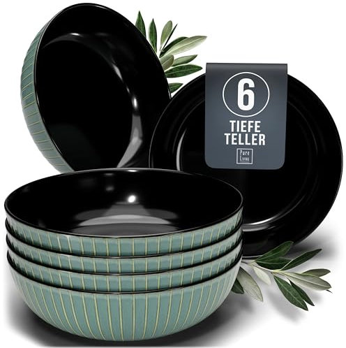 Steingut Suppenteller 6 Pers. Tokyo Hochwertiges Asia-Style TEST SEHR GUT Steingut Tiefe Teller Set - Pasta Teller Tief Groß - 6 Personen Geschirrset Pure Living in Grün