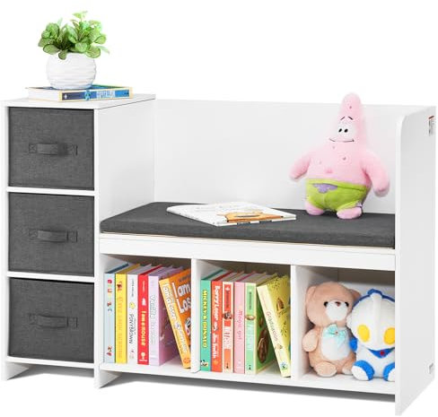VEVOR Kids Reading Nook Bench, Toddler Bookshelf and Bookcase with Detachable Seat Cushion, 6-Cubby Storage Organizer Bench with 3 Drawers, Ideal for Playroom, Bedroom, Living Room or Entryway, White