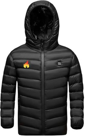 KODMNSW Unisex Kinder Beheizbare Jacke Heizjacke Wärmejacke mit 3 Temperaturstufen Daunenjacke mit Heizung Winterjacke Jungen Mädchen Beheizbarer Puffer Hoodie Jacke Schwarz 7 Jahre