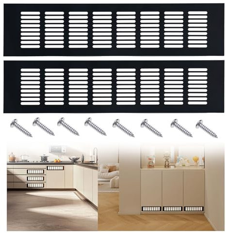 XTDMJ 2 Pcs Black Air Vent Covers, 80mm x 350mm Aluminum Alloy Kitchen Air Vent Cover, Vent Cover Cupboard Vents Fridge Vent Louvred Wall Vent Grille